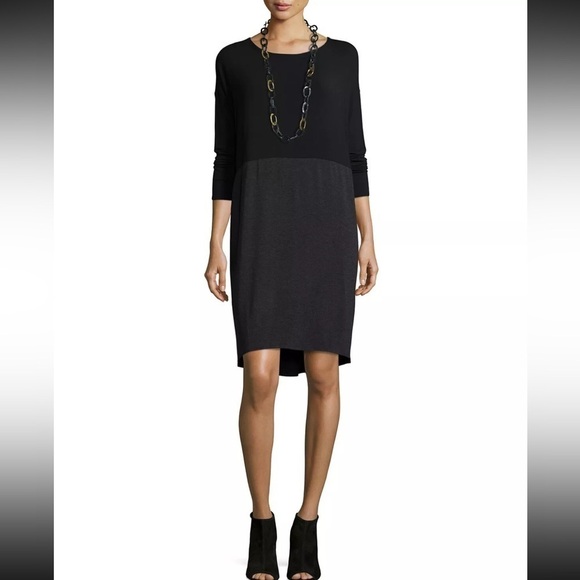 Eileen Fisher Black Charcoal Colorblock Viscose Jersey  Shift Dress XS - Picture 1 of 16